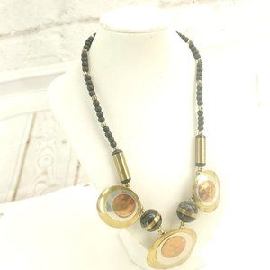 Womens Black Beads Hammered Circular Discs Bronze Metal Statement Necklace